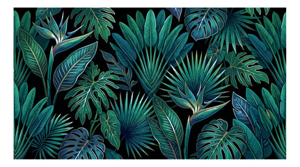 Tropical jungle leaf pattern, dark botanical background with monstera and palm leaves, exotic bird of paradise flowers, lush green foliage vector © Rehman