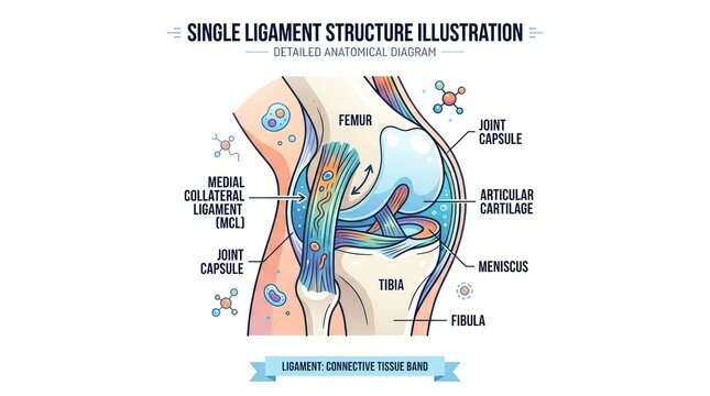 Detailed anatomical diagram of knee joint with medial collateral ligament, meniscus and joint capsule.