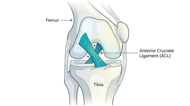 Anterior view of knee joint anatomy highlighting anterior cruciate ligament for education.