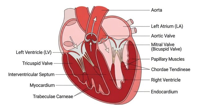 Labeled diagram of human heart chambers showing internal anatomy including heart valves.