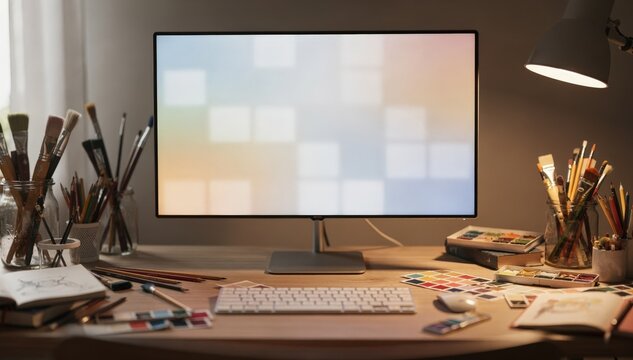 Focused medium shot of a desktop setup in a creative home studio screen displaying app config duplication tool blurred art supplies around.