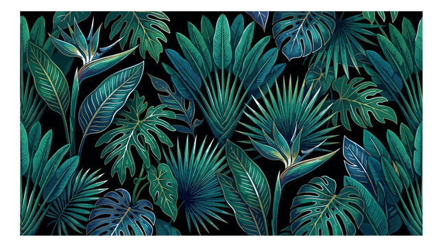 Tropical jungle leaf pattern, dark botanical background with monstera and palm leaves, exotic bird of paradise flowers, lush green foliage vector
