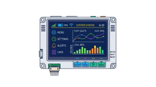 Industrial control panel with digital system status monitor and hardware tactile buttons.