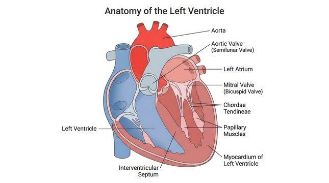Illustration showing human left ventricle anatomy with labeled heart structures in detail.