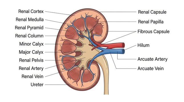 Kidney anatomy illustration with labeled parts human organ diagram renal system education.
