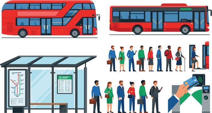Public Transportation Collection Featuring City Buses, Bus Stop, Passenger Queue, Ticket Validation and Urban Transit Elements