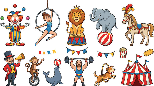 Cute Circus Performance Collection Featuring Clown, Lion, Elephant, Acrobat, Ringmaster, Seal, Horse and Carnival Elements