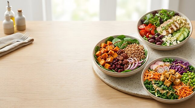 Three bowls of healthy salad with vegetables and chicken