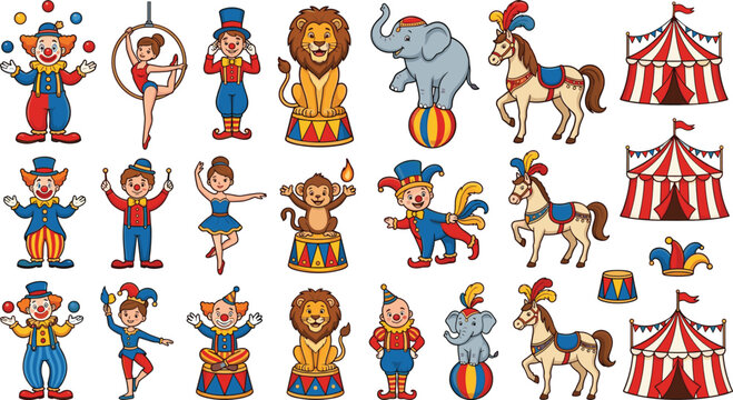Cute Circus Character Collection Featuring Clown, Lion, Elephant, Acrobat, Horse, Monkey and Carnival Performance Elements