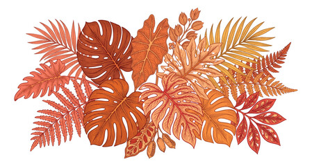 Terracotta tropical leaves vector illustration, warm autumn palm and monstera foliage arrangement, earthy botanical bouquet for wedding invitations © Rehman