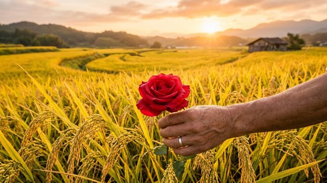 Hand holding a red rose in a golden rice field at sunset