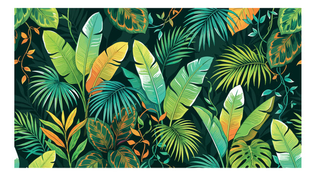 Tropical jungle leaf pattern vector, lush exotic foliage background with palm and banana leaves, dark green botanical wallpaper for summer textile design