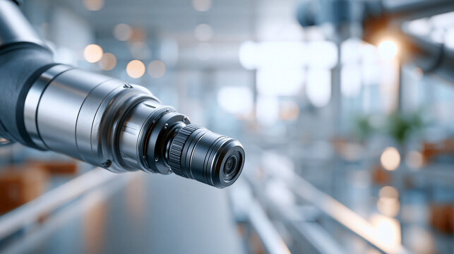 A clean smart robot with a vision sensor camera system in a bright manufacturing facility smart robot vision sensor camera system manufacturing industry 4.0 technology
