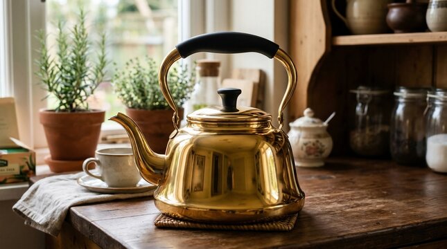 Shiny gold tea kettle on a rustic wooden kitchen counter
