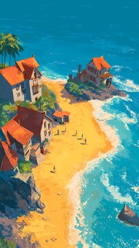 Coastal village sits beside calm blue ocean.
