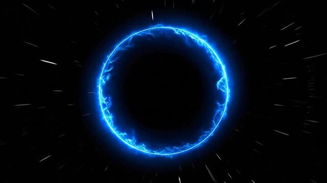 A glowing blue energy ring radiates light against a dark background with streaks of motion