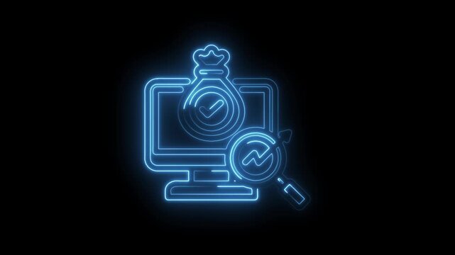 Glowing blue neon outline of a computer monitor with a money bag and checkmark symbol inside icon
