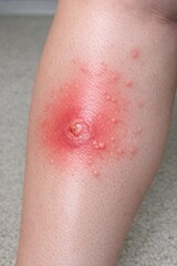Fototapeta premium A detailed view of a person's leg showing a noticeable red spot, potentially a symptom of an injury or illness