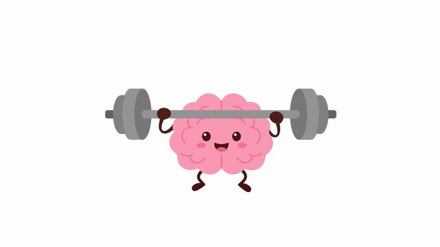 Cute cartoon brain character lifting a heavy barbell in a flat 2D animation style. Perfect for fitness, mental strength, motivation, healthy lifestyle, education, and wellness themed motion graphics.