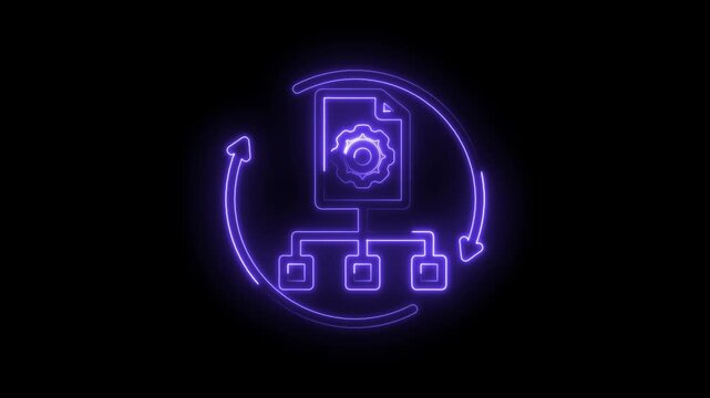 Neon glow abstract process flow diagram with gear icon and circular arrows representing workflow