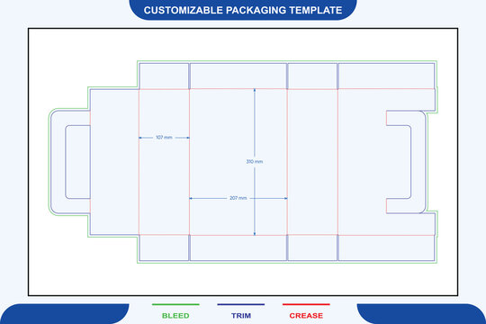 Tuck end box dieline with handle template showing flat layout, technical folding lines, precise measurement indicators, and color-coded guides for carton production