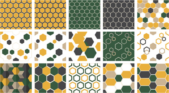 Hexagon patterns vector set with abstract honeycomb swatches geometric polygon grid tile layouts on white background