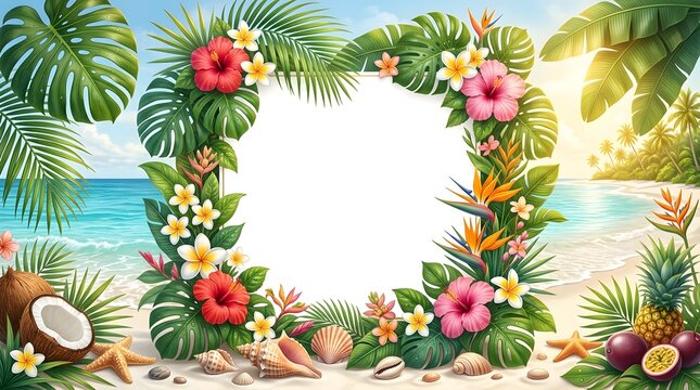 A vibrant tropical beach border frame featuring hibiscus, plumeria, monstera leaves, exotic fruits, and seashells, with empty center space for your summer design.