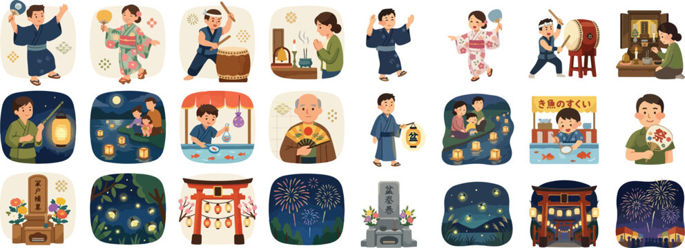 Japanese Obon Festival Traditions and Summer Cultural Celebration Illustrations Set