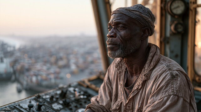 Ghanaian crane operator high above a coastal port container yard at golden hour, steel cab interior with worn controls, massive shipping vessels below, logistics infrastructure,