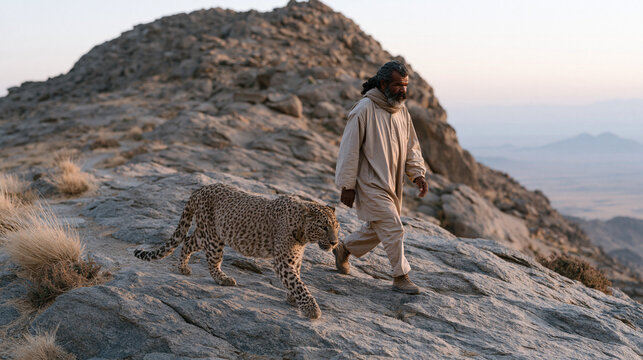 Iranian wildlife conservationist releasing a rehabilitated Persian leopard into a protected mountain reserve at twilight, wide establishing view, rocky terrain, aging predator