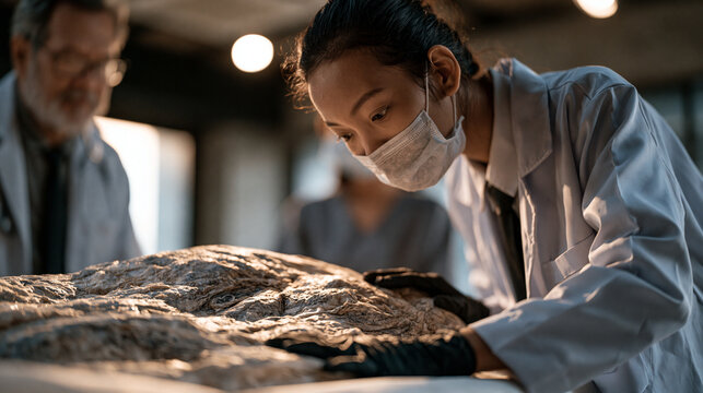 Filipino mortuary science student practicing embalming technique under instructor supervision in a clinical training room, professional focus, ventilated lab setting, academic