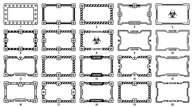 Set of twenty biohazard warning sign rectangular border frames and containment caution labels with biohazard containment rectangular