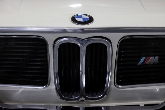 Perth, Western Australia, Australia - May 3 2026: Classic 1973 BMW E9 coupe front nose. Iconic chrome kidney grille, roundel logo, classic m badge. Vintage german luxury sports car