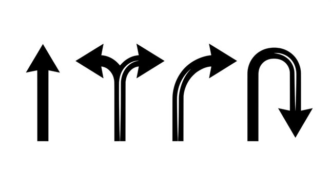 Set of standard road directional arrows indicating go straight fork split turn right u-turn traffic maneuver symbols with directional