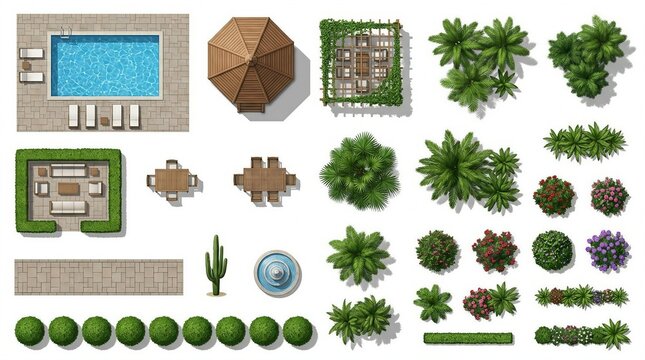 Outdoor garden layout top view swimming pool gazebo pergola fountain palms shrubs furniture landscaping photo