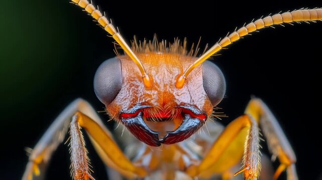 Extreme close up of orange ant face with antennae on dark background showing insect detail