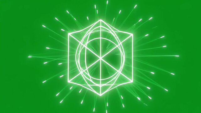 Glowing green sacred geometry cube with radiating light rays on green background.