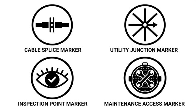 Utility markers collection including cable splice junction inspection and maintenance access symbols with infrastructure, junction
