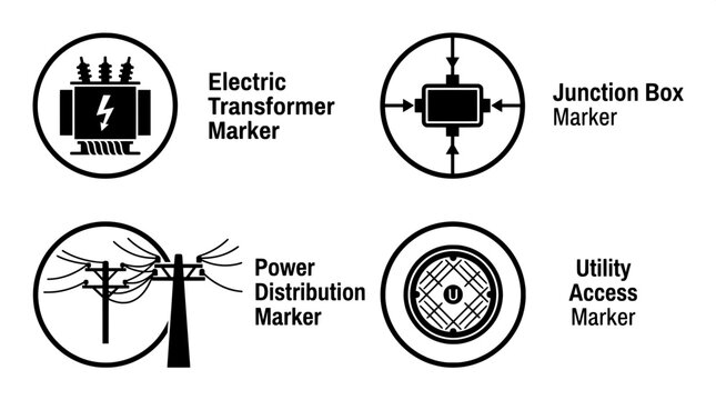 Electrical and utility infrastructure site markers and access icons with electrical transformer junction distribution infrastructur