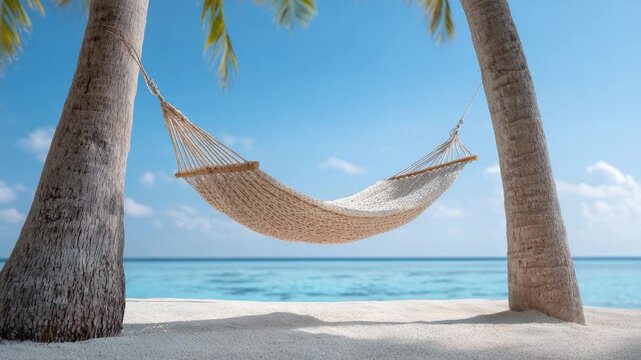 Pristine white sandy coastline featuring turquoise ocean waters and solitary hammock swinging gently between lush palm trees, embodying ultimate tropical relaxation and peaceful getaway atmosphere