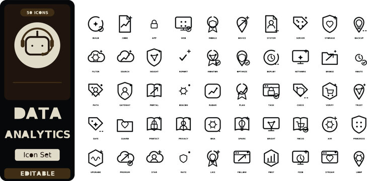 Data Analytics icon set. Contain icons related to data analytics, chart, graph, statistics, report, dashboard, big data and more. Editable stroke. Vector illustration