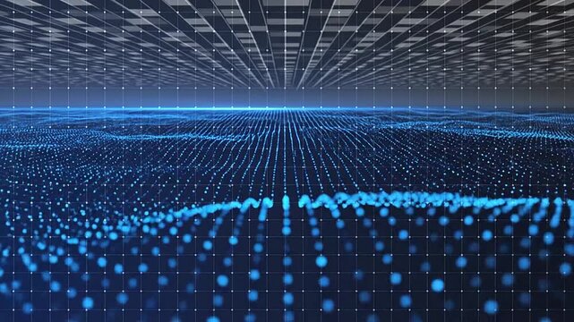 A digital landscape featuring glowing blue particles arranged in a rhythmic wave pattern