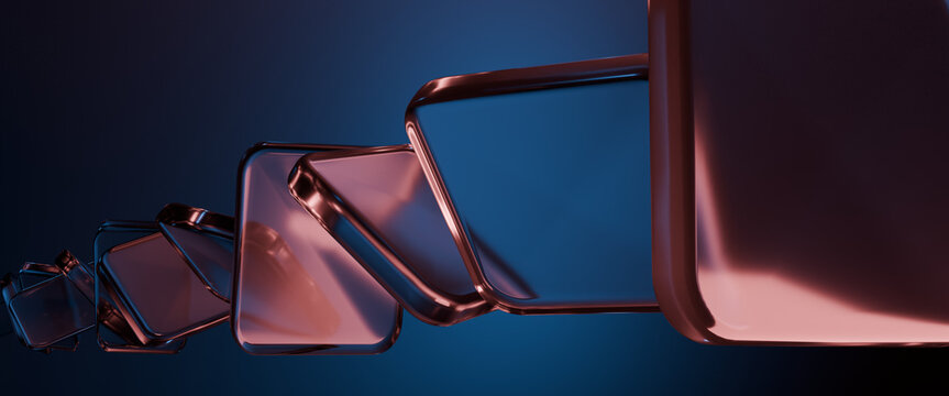 3d render square glass pattern with color light on dark wide screen background