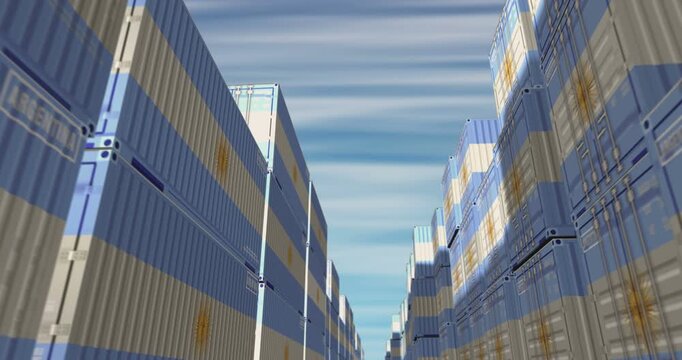 Argentina export production and import cargo containers in row seamless and loopable business concept. Argentinian flag industrial shipping box 3d loop.