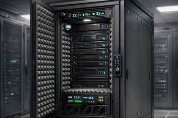 Fototapeta premium Servers in rows on metal racks in a large server room