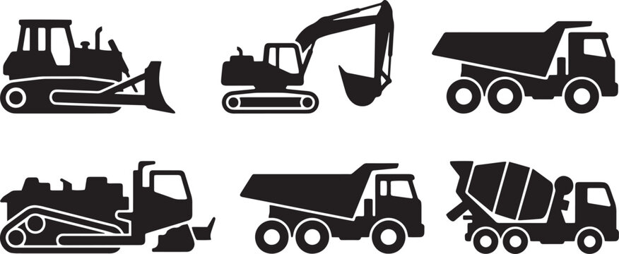 Heavy construction machinery icons set, black silhouette vector of industrial vehicles, excavator and bulldozer equipment for building site projects