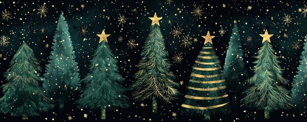 Fototapeta premium Festive pattern of green Christmas trees with golden stars for a cheerful holiday design
