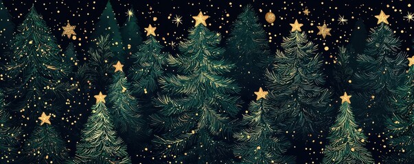 Fototapeta premium A festive pattern of green Christmas trees decorated with gold stars and snowflakes for a holiday-themed background