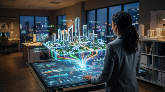 Businesswoman planning smart city project with futuristic AI holographic dashboard simulation