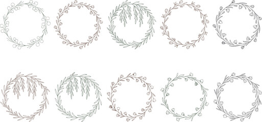 Fototapeta premium Elegant Hand Drawn Floral Wreath Vector Set with Minimalist Botanical Frames and Delicate Flower Laurels for Elegant Wedding Invitations and Graphic Designs
